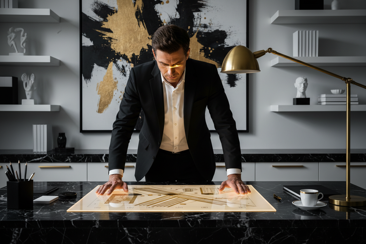 a man working on a project black white and gold colors